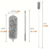 A telescopic extendable duster with a fluffy head, shown next to its various length measurements.