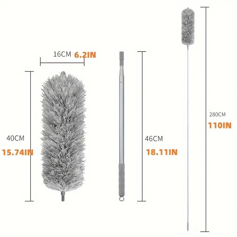 A telescopic extendable duster with a fluffy head, shown next to its various length measurements.