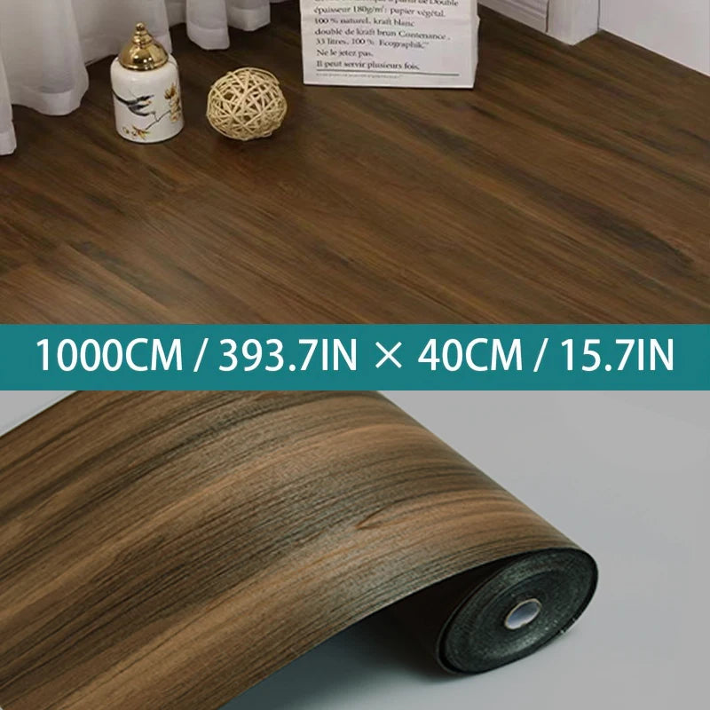 Roll of brown wood grain self-adhesive wallpaper with decorative elements