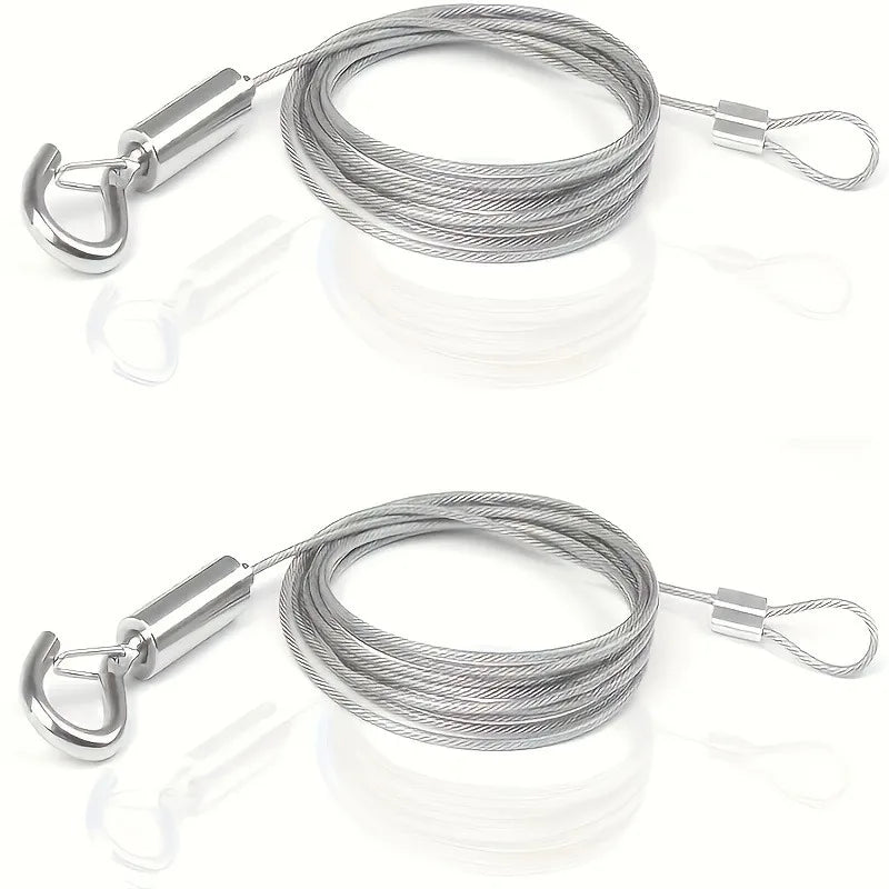 Silver adjustable metal buckle ropes coiled and displayed for hanging and securing.
