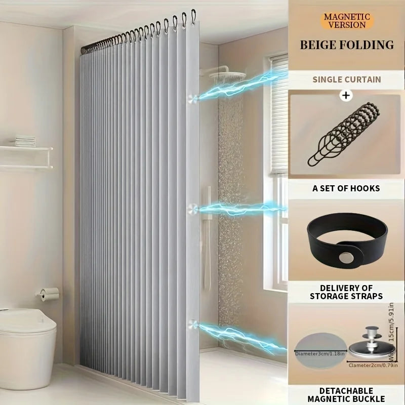 Rideau de douche beige pliable magnétique avec ourlet lesté et un jeu de crochets