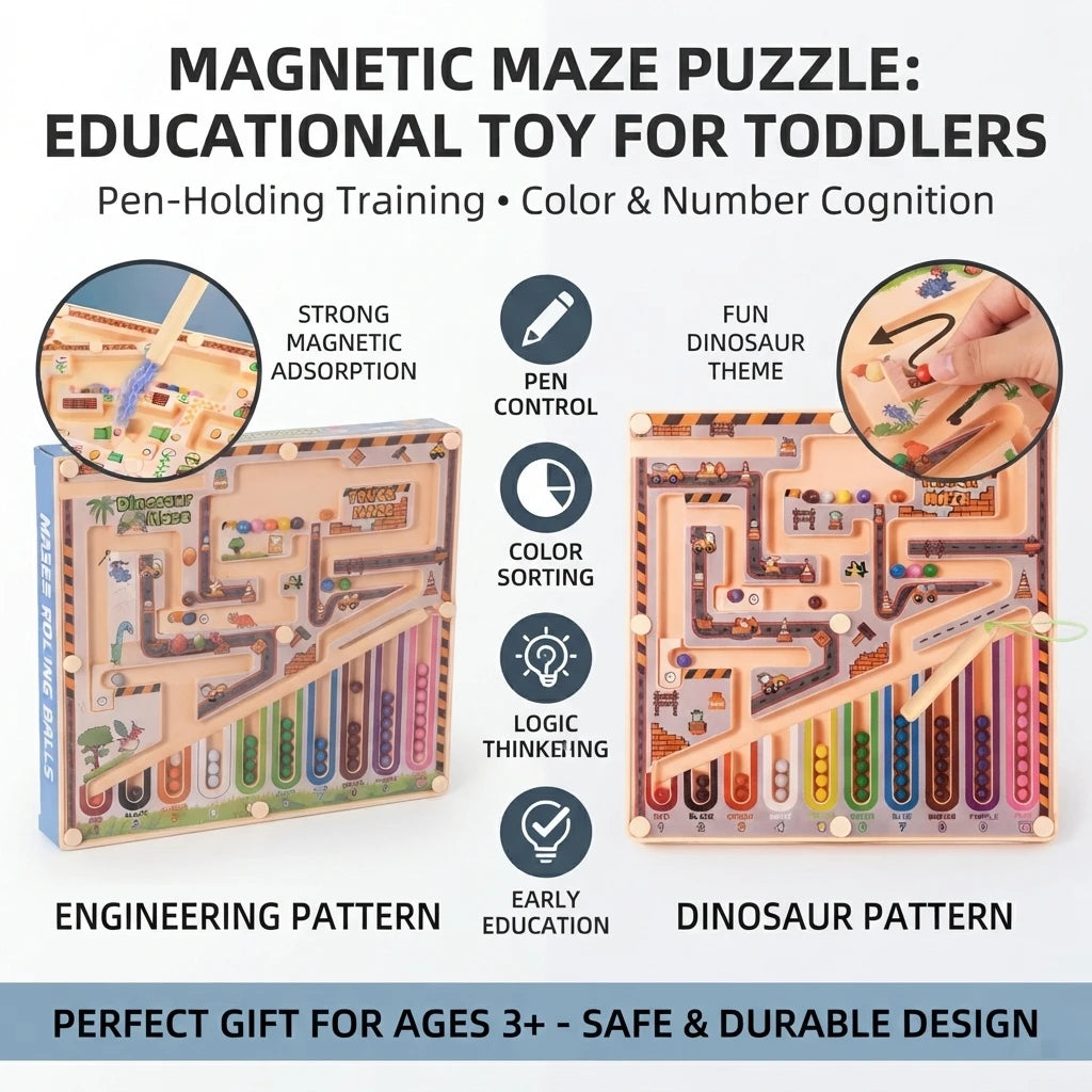 A magnetic maze puzzle board featuring a dinosaur pattern for toddlers, designed for pen-holding and color/number cognition.