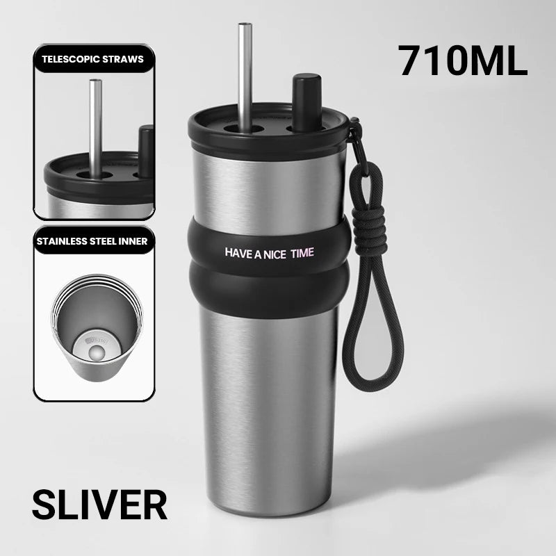 Stainless Steel Vacuum-Insulated Water Bottle with Straw