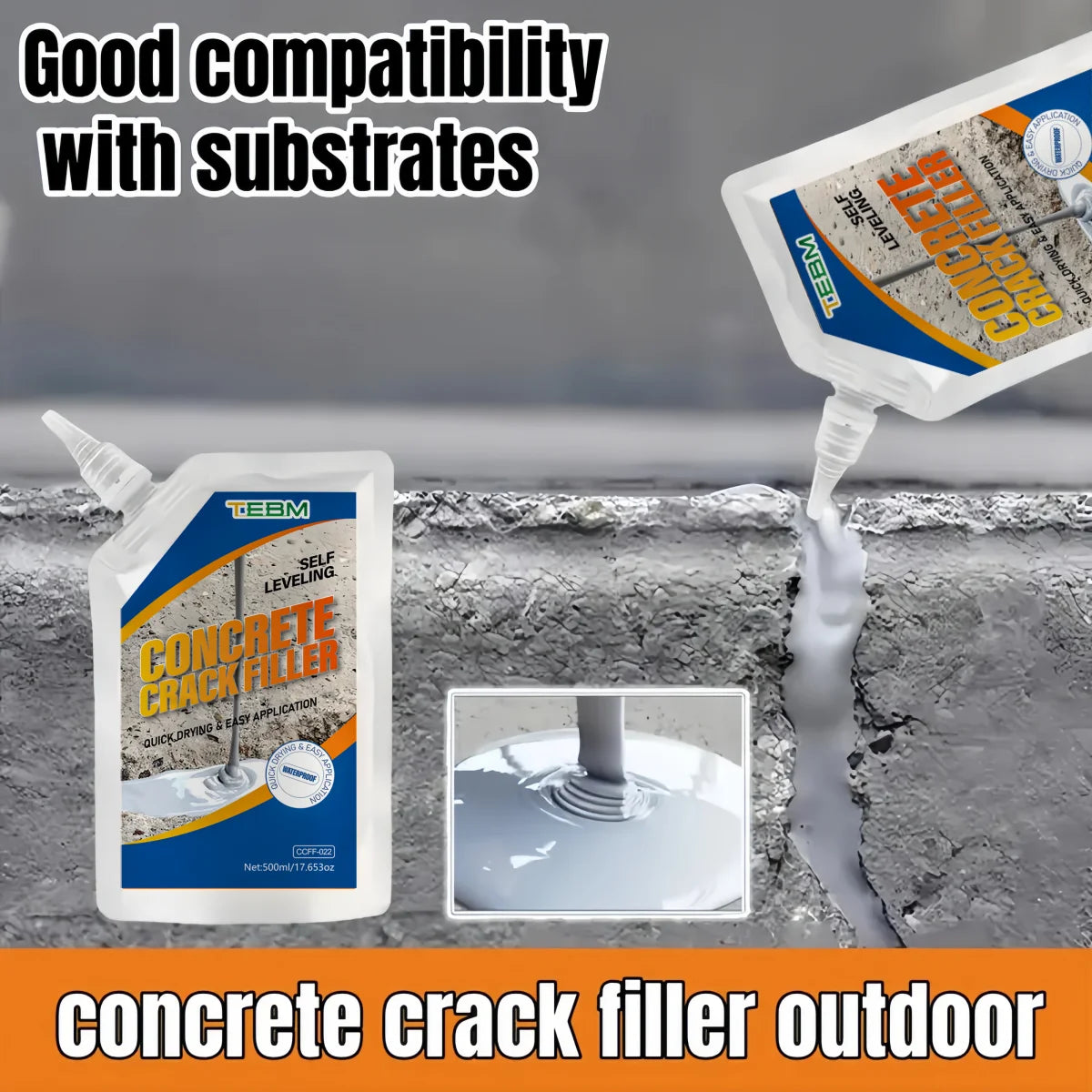 A bottle of self-leveling concrete crack filler is shown being applied to a concrete surface outdoors.