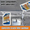 A bottle of self-leveling concrete crack filler is shown being applied to a concrete surface outdoors.