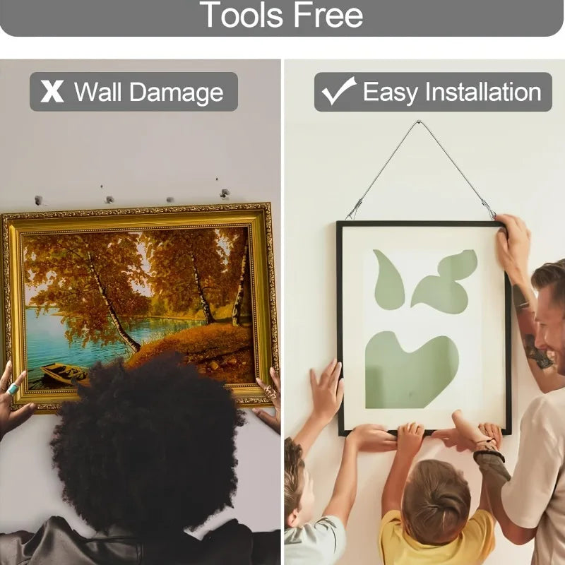 A person is hanging a framed painting on a wall using adjustable metal buckle ropes for easy installation.