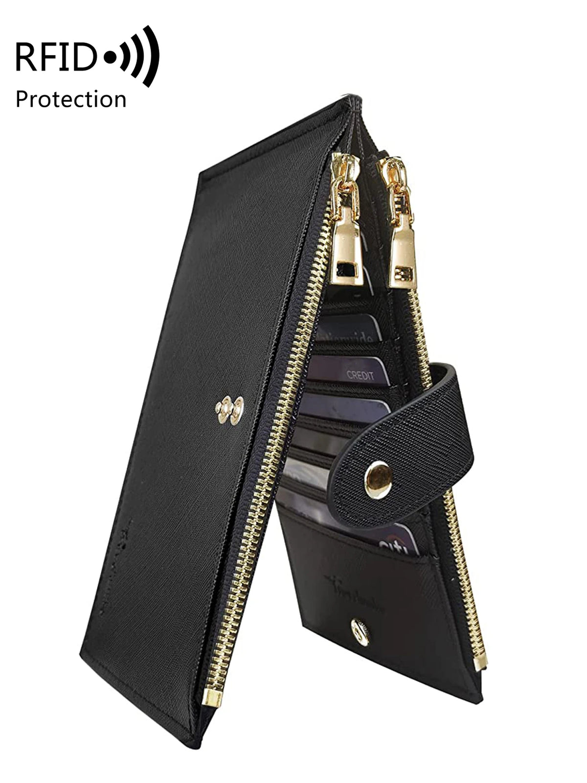 Black RFID blocking extra-large bifold wallet with double zipper security for women