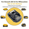 A collection of battery adapters and lithium-ion batteries for DeWalt 20V and Milwaukee 18V tools.