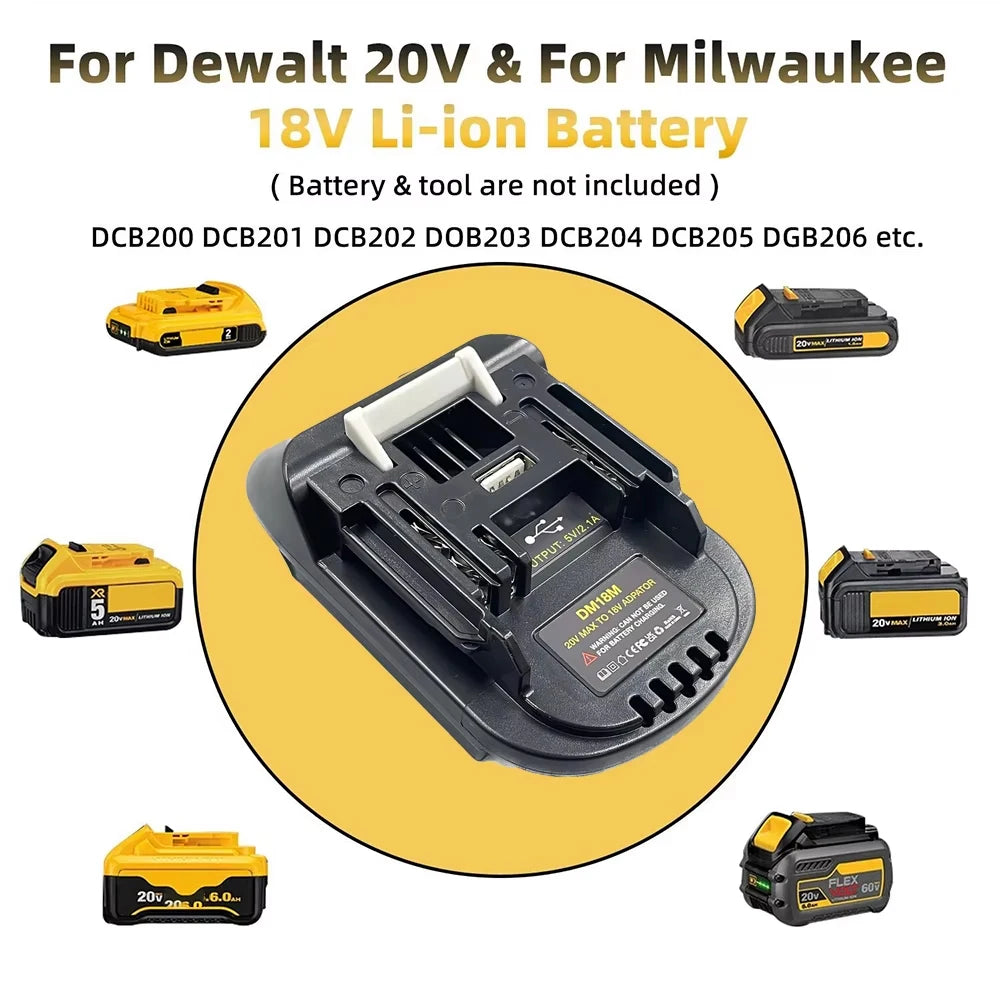 A collection of battery adapters and lithium-ion batteries for DeWalt 20V and Milwaukee 18V tools.