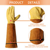 A pair of mustard yellow gardening gloves with brown cuffs showing stretchable wrist and scalable adjustment features.