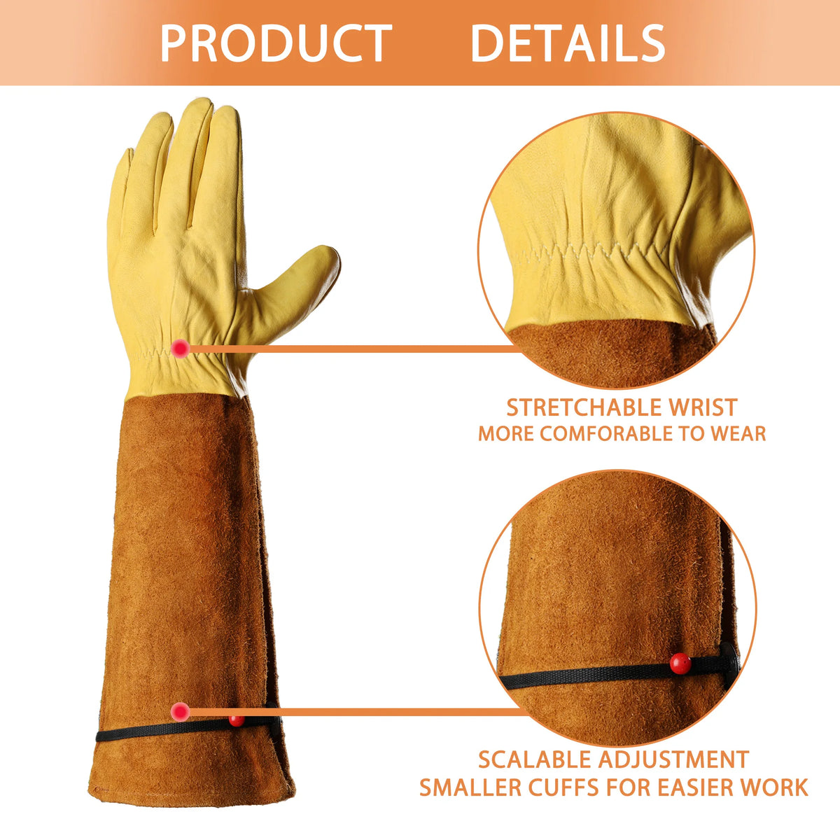 A pair of mustard yellow gardening gloves with brown cuffs showing stretchable wrist and scalable adjustment features.
