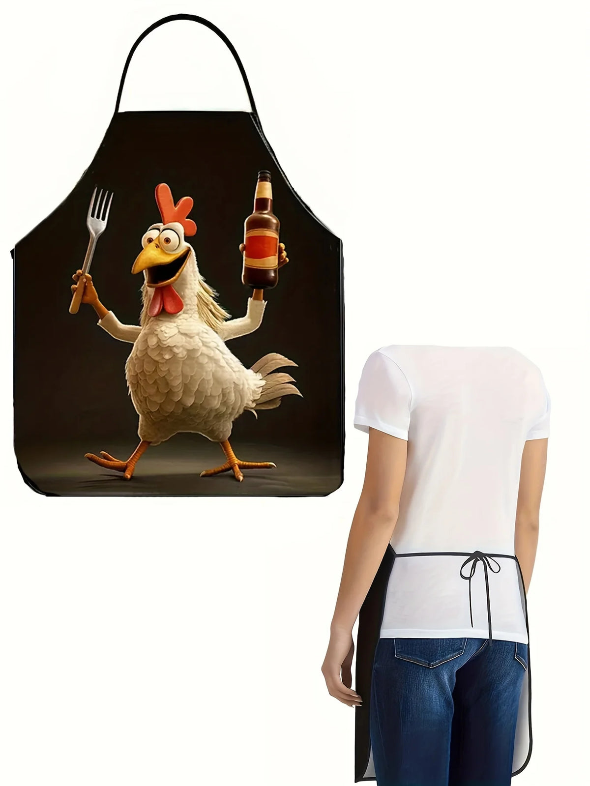 A black apron featuring a graphic of a cartoon rooster holding a fork and a bottle.