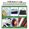 Various products like clothes, shoes, bags, hardware, and leather textiles are shown alongside silica gel desiccant bags for 