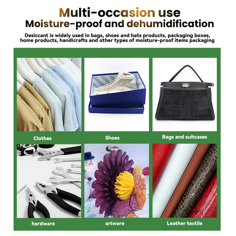 Various products like clothes, shoes, bags, hardware, and leather textiles are shown alongside silica gel desiccant bags for 
