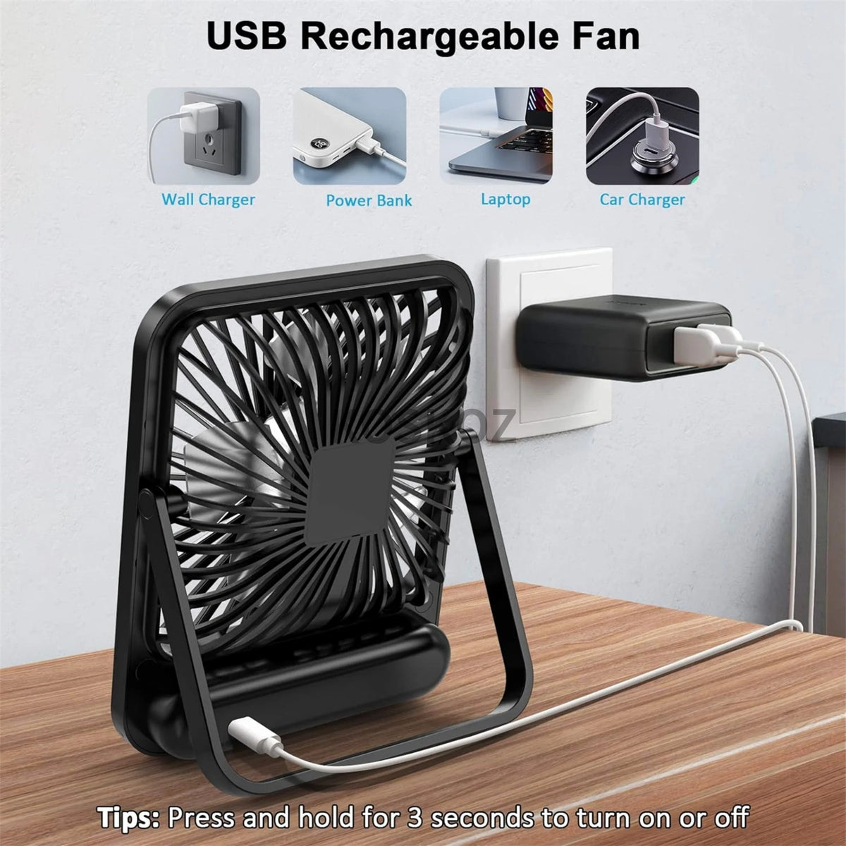 Black rechargeable USB fan with a flexible neck and cord shown on a wooden desk.