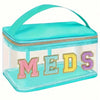 Klares, türkises Aufbewahrungstasche mit Reißverschluss oben und rosa Basis, mit dem Wort MEDS in glitzernden Buchstaben.