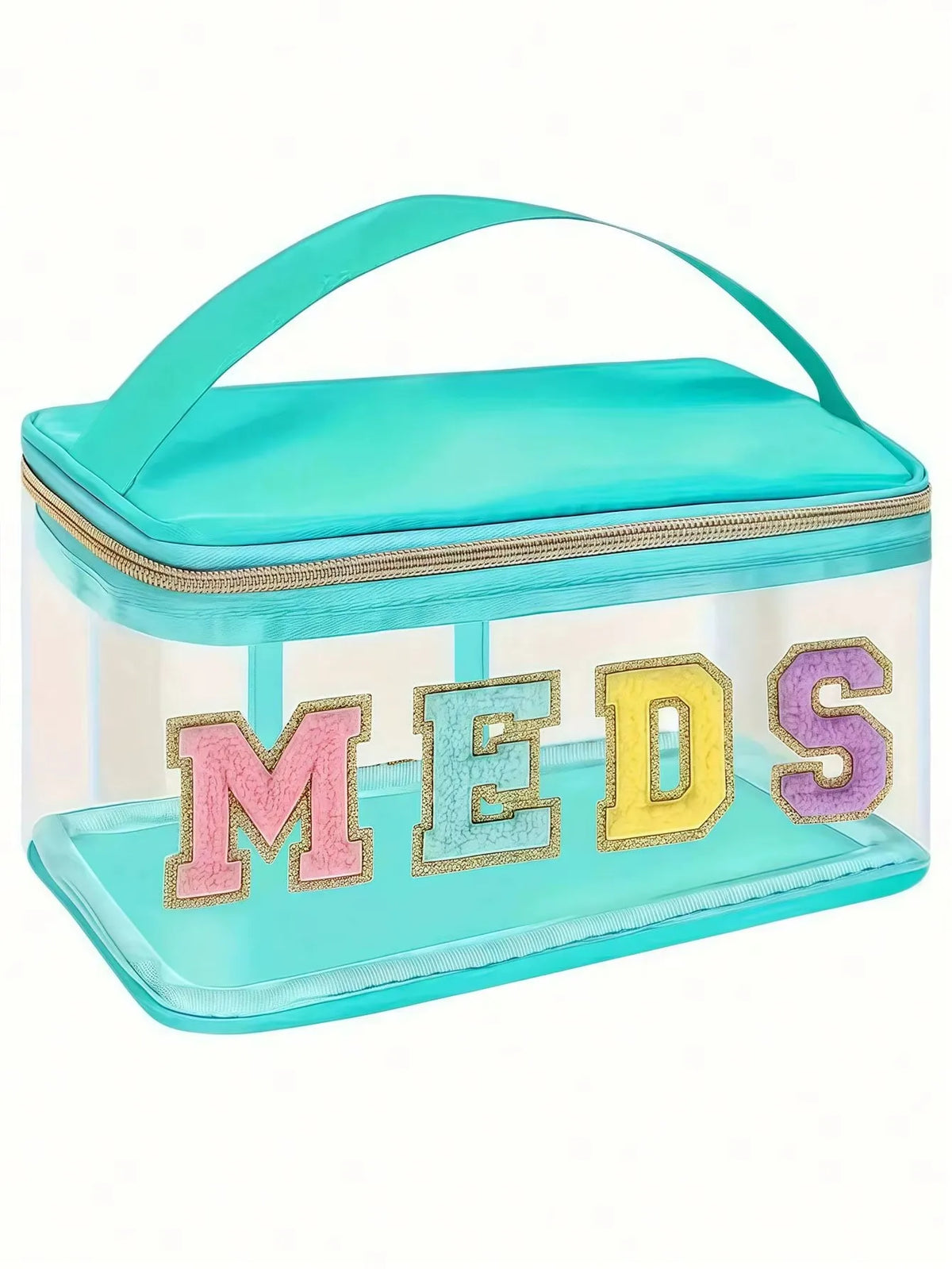 Klares, türkises Aufbewahrungstasche mit Reißverschluss oben und rosa Basis, mit dem Wort MEDS in glitzernden Buchstaben.