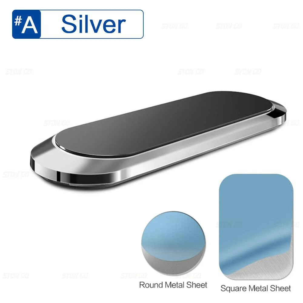 Silver magnetic phone mount shown in various shapes including round and square metal sheets