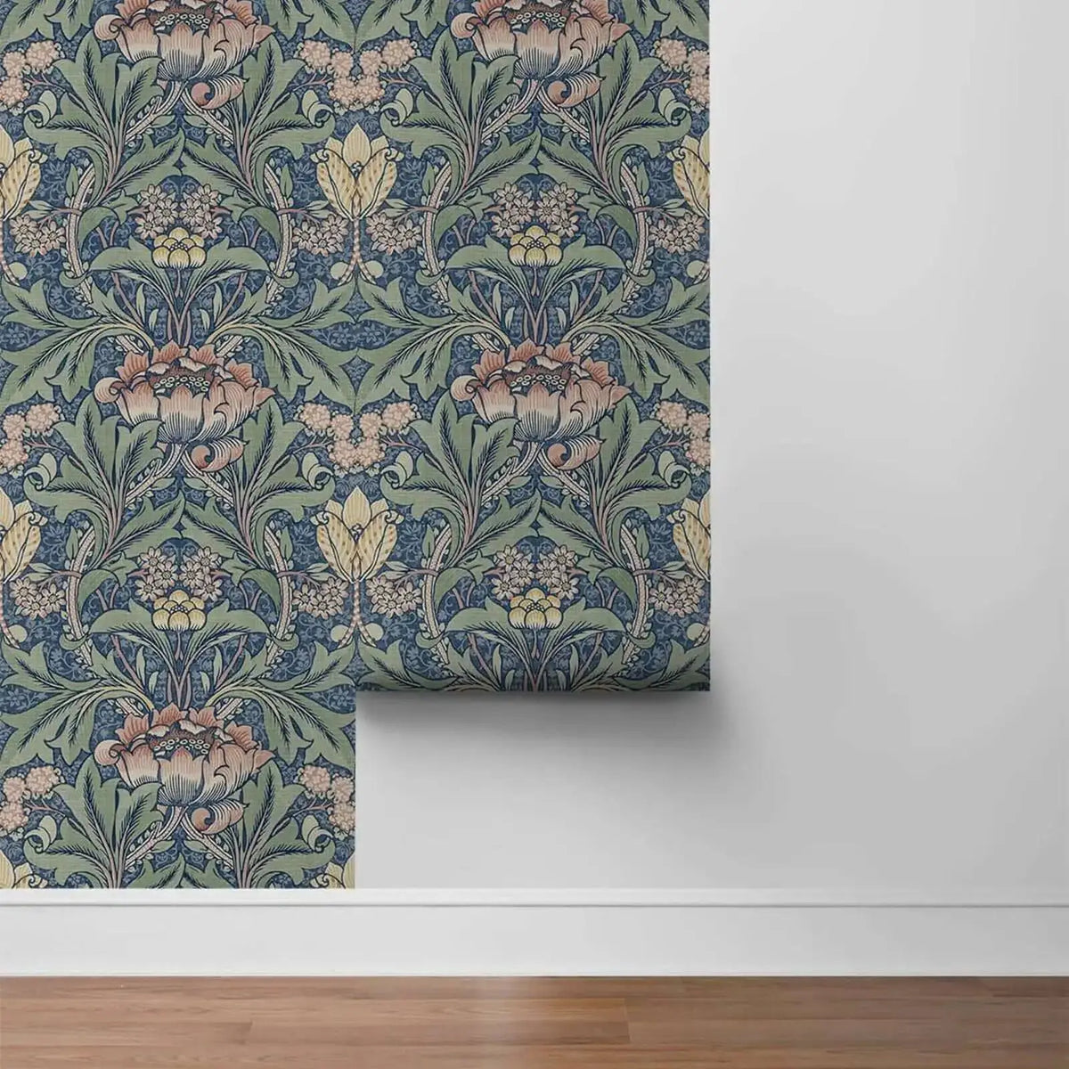 Blue vintage damask floral peel and stick wallpaper featuring green leaves and pink flowers.