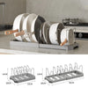 A set of expandable pot and pan organizer racks with adjustable dividers shown in various sizes.