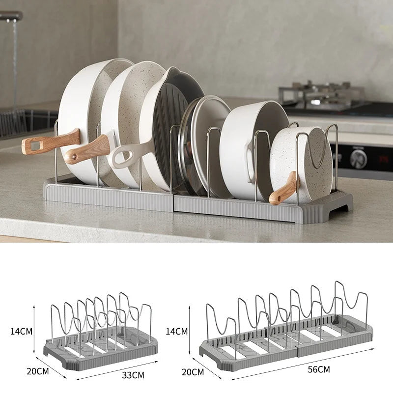 A set of expandable pot and pan organizer racks with adjustable dividers shown in various sizes.