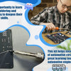 A kit for teens to learn basic electronics by soldering and connecting circuits, shown with a person working on a circuit boa