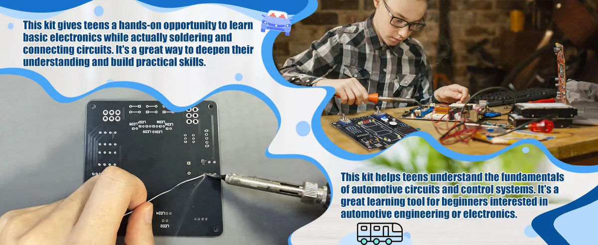 A kit for teens to learn basic electronics by soldering and connecting circuits, shown with a person working on a circuit boa