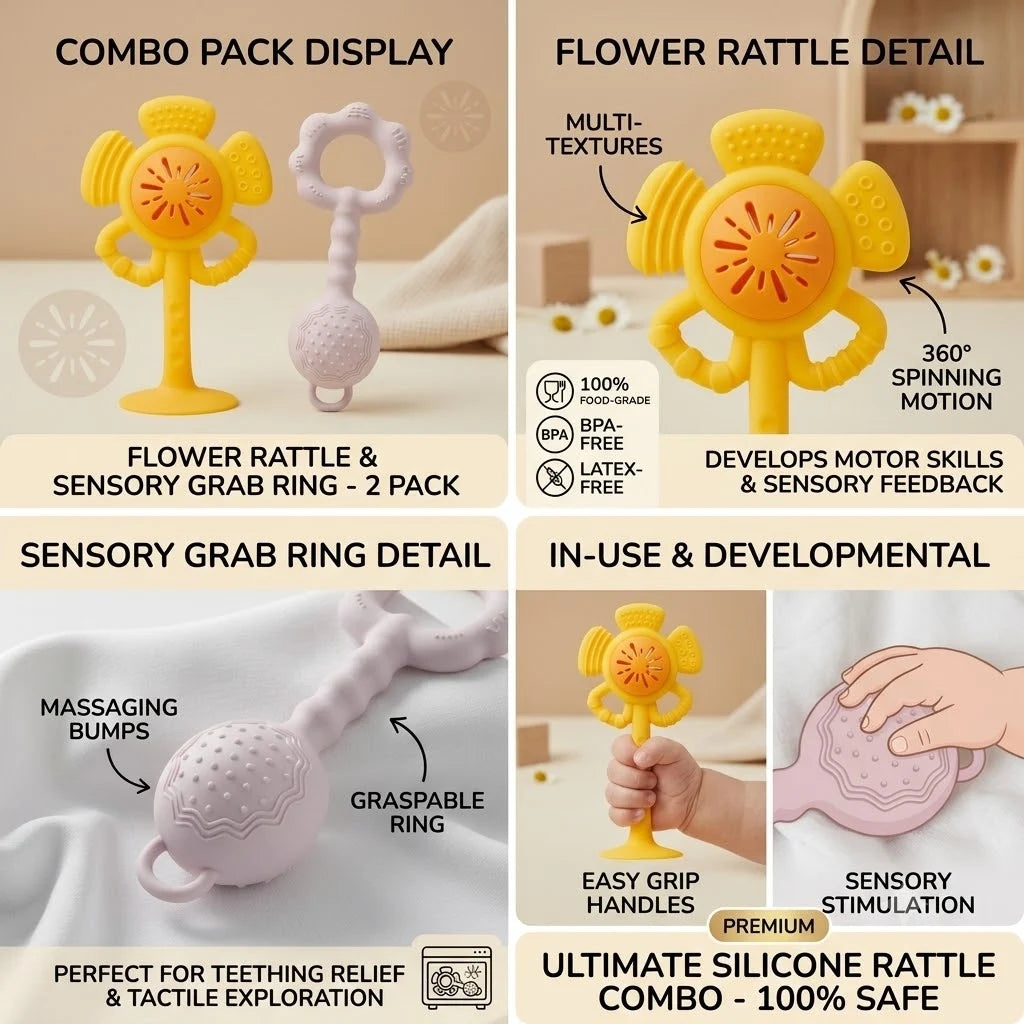 Silicone Baby Rattle and Teether Set with Suction Base