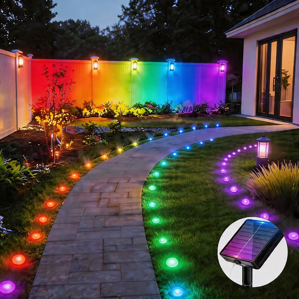 A curved stone pathway illuminated by colorful solar LED lights in a garden setting.