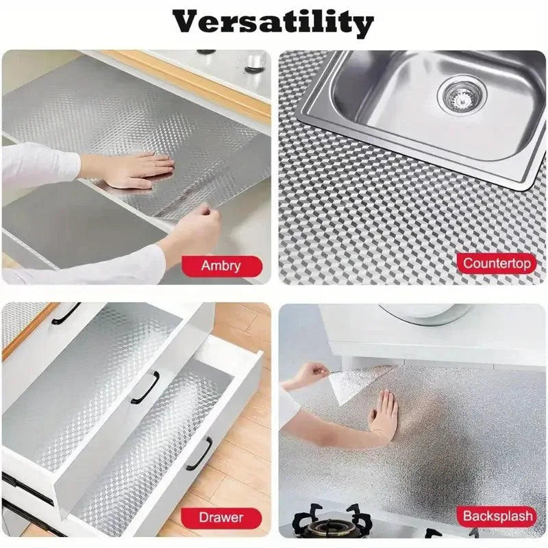 Versatile kitchen stickers shown on a countertop, drawer, and backsplash.