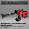 A cordless electric caulking gun in red and black is shown with various compatible battery models.
