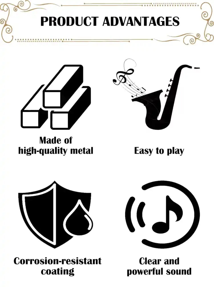 Product advantages showing features like high-quality metal, ease of play, corrosion resistance, and clear powerful sound.