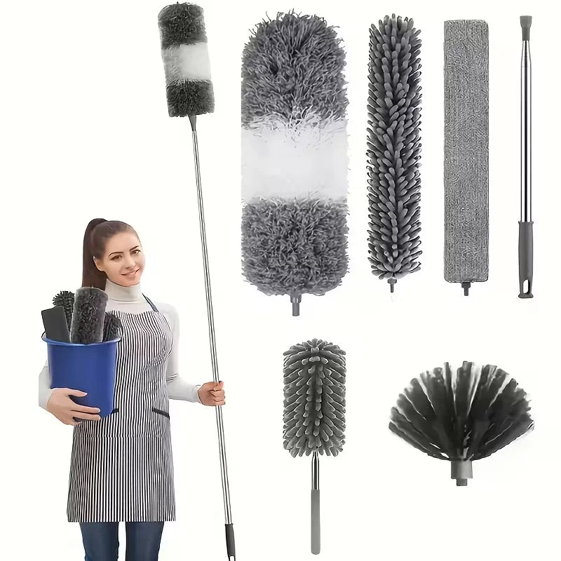 A collection of gray and white microfiber duster brushes with telescopic extension poles.