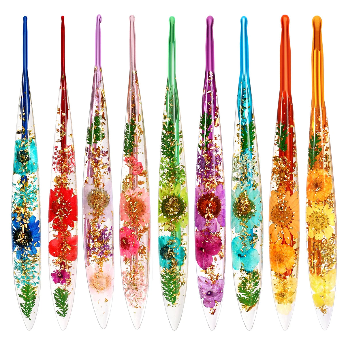 A set of epoxy resin floral-patterned crochet hooks in various vibrant colors and designs.