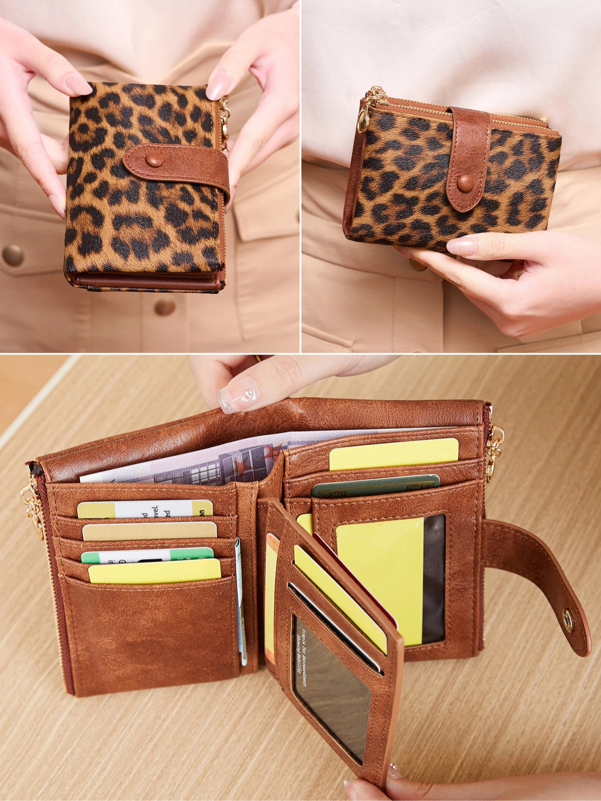 Vintage Leopard Print Tri-Fold Wallet with Double Zipper