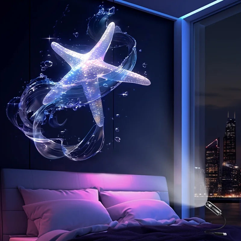 A glowing starfish projection floats in the air against a dark background, illuminating a bedroom scene.