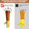 A close-up of a brown gardening glove with an adjustable cuff, shown next to a yellow glove.