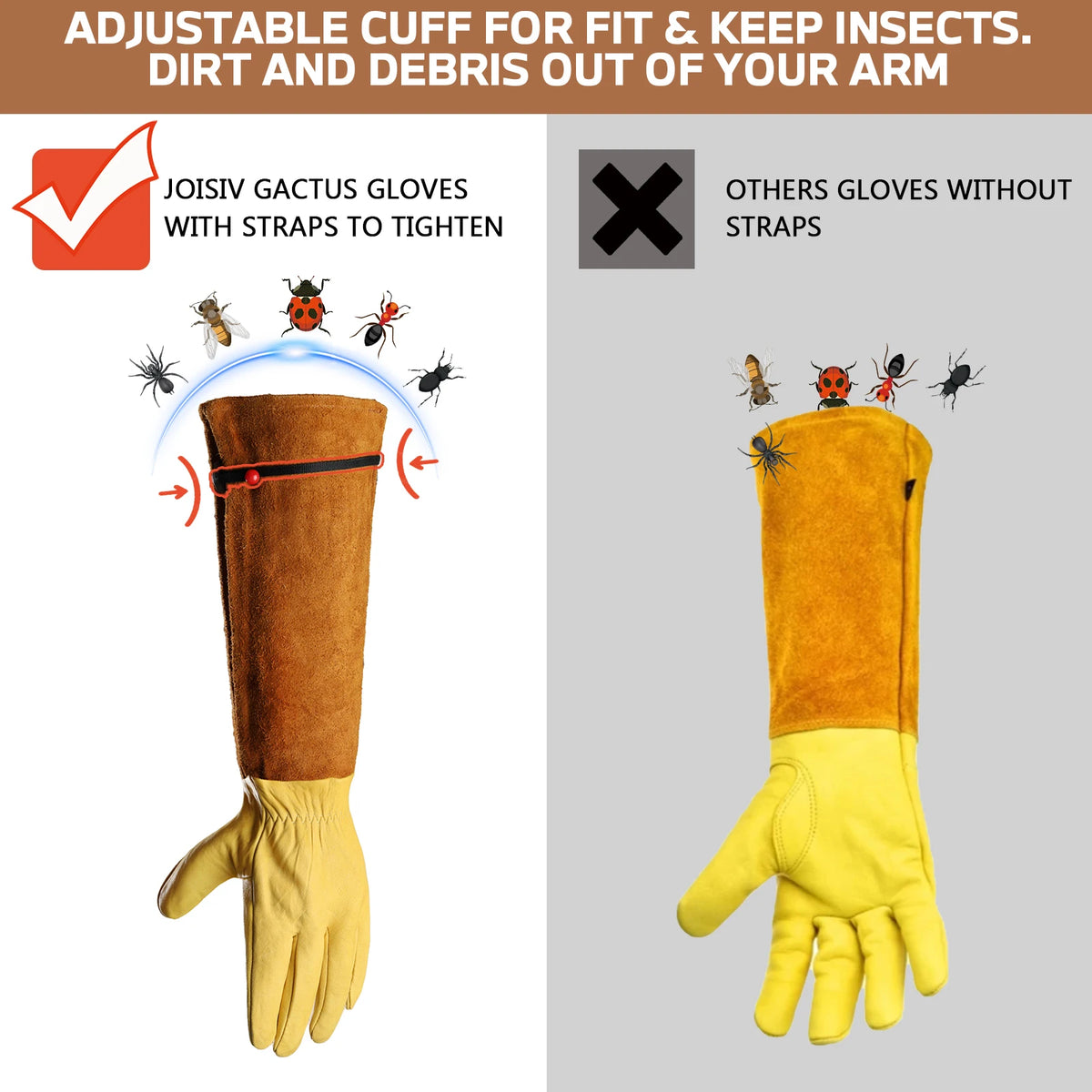 A close-up of a brown gardening glove with an adjustable cuff, shown next to a yellow glove.