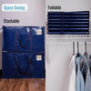Stackable blue heavy duty waterproof moving bags with handles and zippers shown on a shelf and stacked.