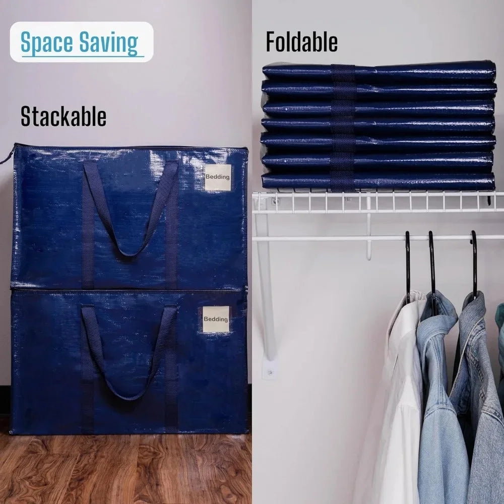 Stackable blue heavy duty waterproof moving bags with handles and zippers shown on a shelf and stacked.
