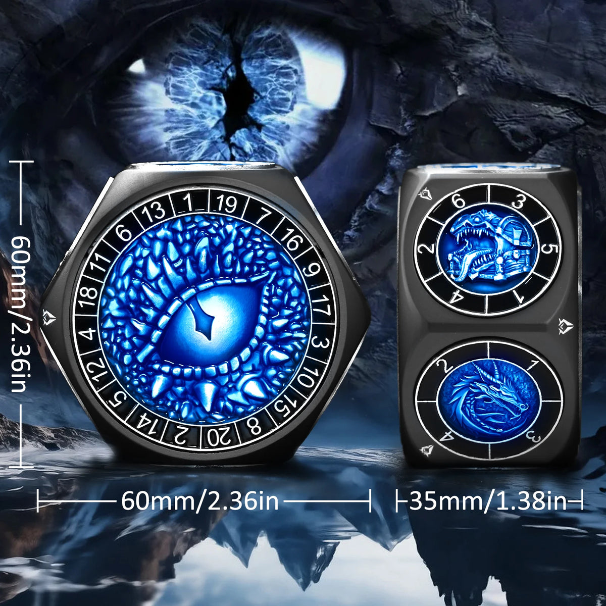 A close-up of a black spinner dice featuring a blue eye design and a separate dual D20 die.