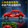 A red Coca-Cola themed die-cast model of a vintage Volkswagen Beetle car.