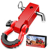 A red heavy-duty shackle hitch receiver set featuring a D-ring and trailer pin.