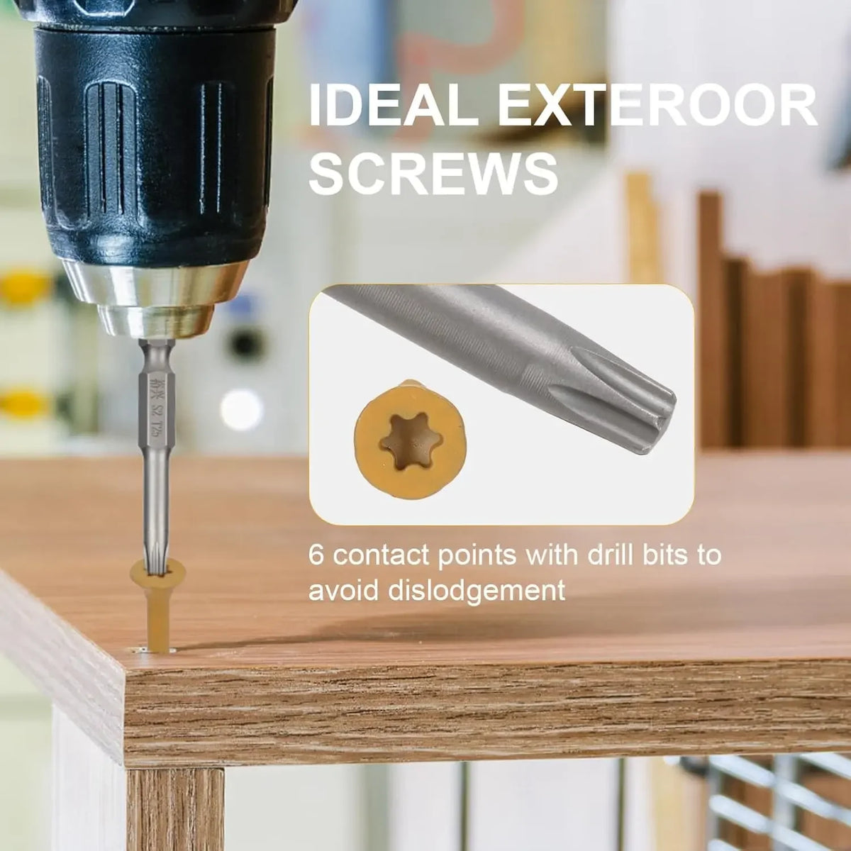 A close-up of rust-resistant star drive wood screws with drill bits designed to prevent dislodgement.