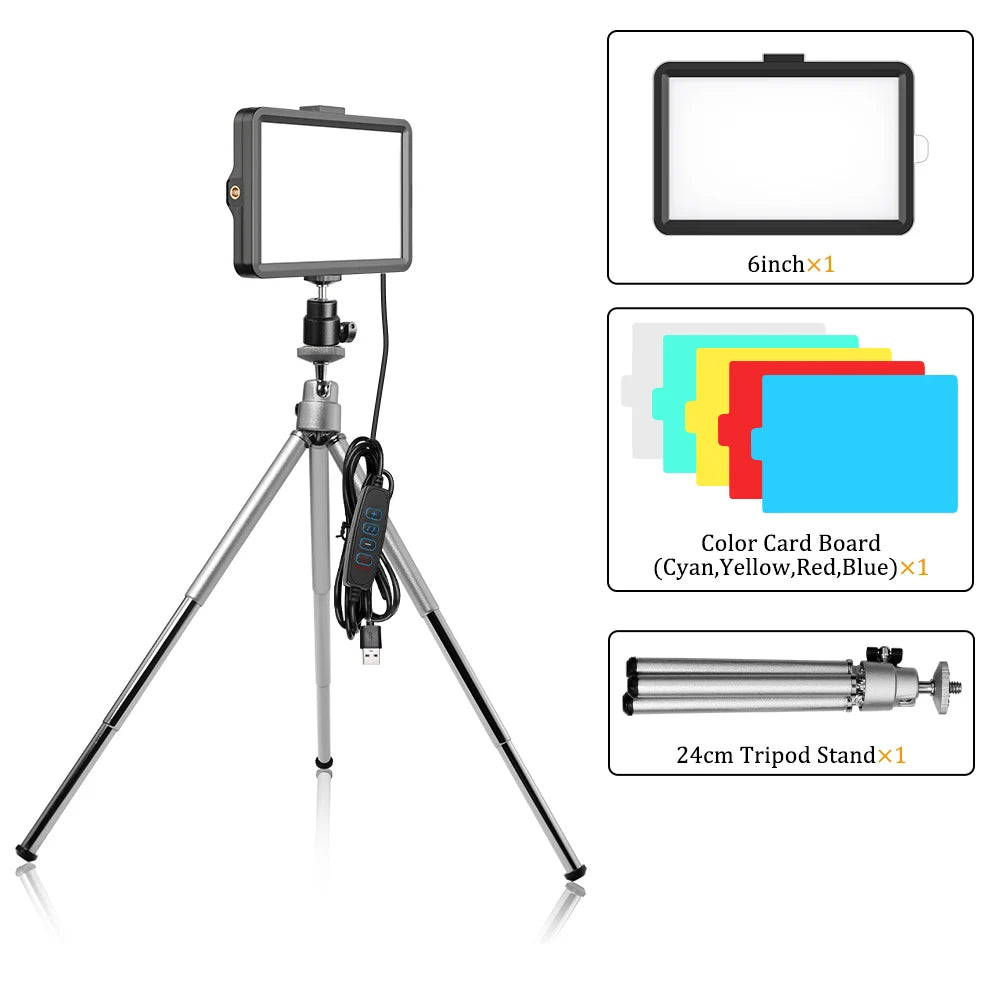 A 6-inch RGB LED video light panel with a tripod stand and remote control.