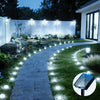 A curved stone pathway illuminated by small solar LED lights in a nighttime garden setting.