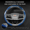 Ergonomically designed steering wheel cover with a blue and black patterned grip and controls.