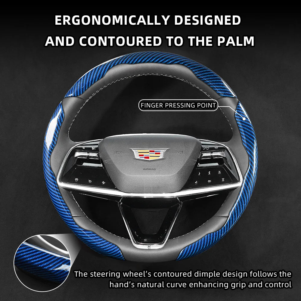 Ergonomically designed steering wheel cover with a blue and black patterned grip and controls.