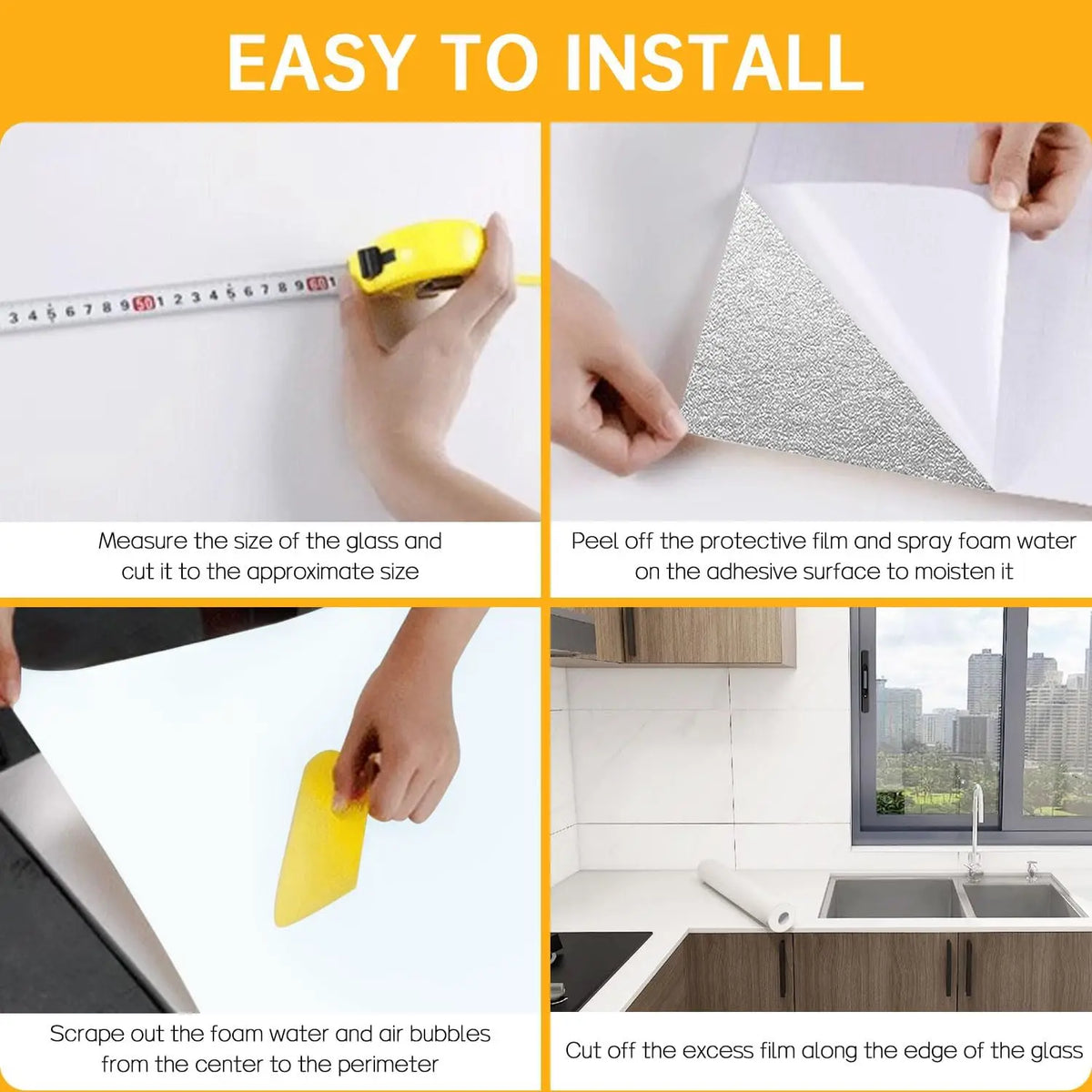 Hands demonstrate the easy installation of marble peel-and-stick wallpaper on a glass surface.