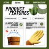 Product features display includes elastic cuff design and reinforced design for gardening gloves.
